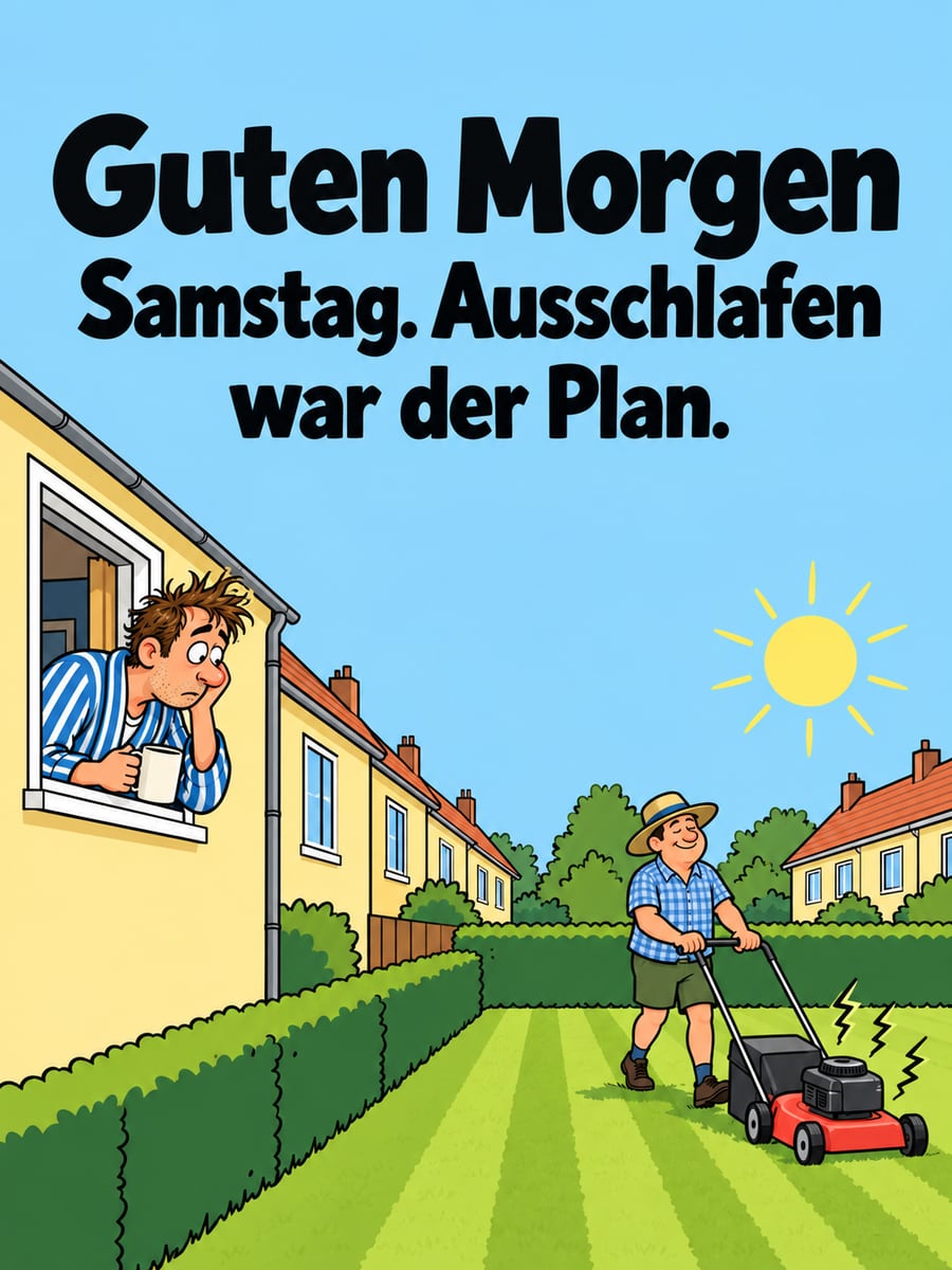 Guten-Morgen-Bild zum Samstag mit dem Text „Guten Morgen“ und „Samstag. Ausschlafen war der Plan.“ – Motiv: Rasenmäher, Nachbar, Ausschlafen, Reihenhaus, Garten