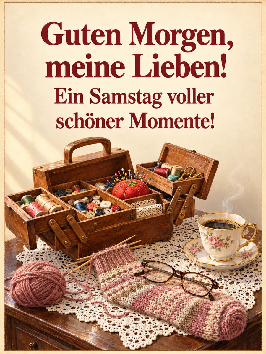 Guten-Morgen-Bild zum Samstag mit dem Text „Guten Morgen, meine Lieben!“ und „Ein Samstag voller schöner Momente!“ – Motiv: Nähkästchen, Kaffee, Goldrandtasse, Häkeldeckchen, Stricken