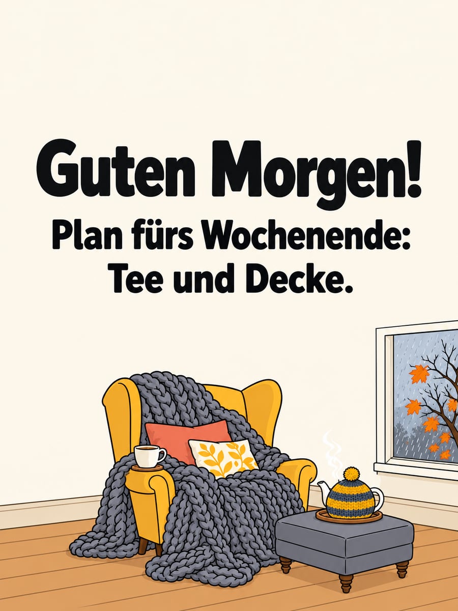 Guten-Morgen-Bild zum Samstag mit dem Text „Guten Morgen!“ und „Plan fürs Wochenende: Tee und Decke.“ – Motiv: Ohrensessel, Decke, Tee, Teewärmer, Regen