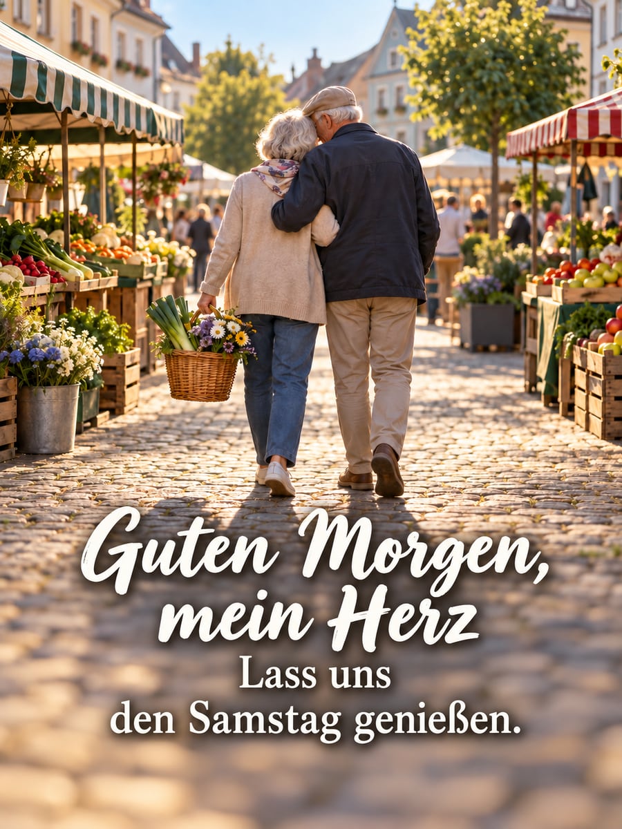 Guten-Morgen-Bild zum Samstag mit dem Text „Guten Morgen, mein Herz“ und „Lass uns den Samstag genießen.“ – Motiv: Paar, Wochenmarkt, Korb, Marktstände