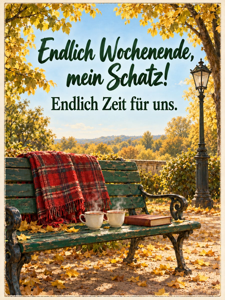 Guten-Morgen-Bild zum Samstag mit dem Text „Endlich Wochenende, mein Schatz!“ und „Endlich Zeit für uns.“ – Motiv: Parkbank, Linden, Tee, Plaid, Herbstlaub
