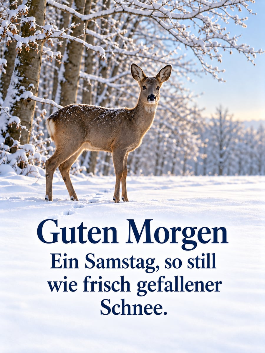 Guten-Morgen-Bild zum Samstag mit dem Text „Guten Morgen“ und „Ein Samstag, so still wie frisch gefallener Schnee.“ – Motiv: Reh, Neuschnee, Buchenwald, Stille