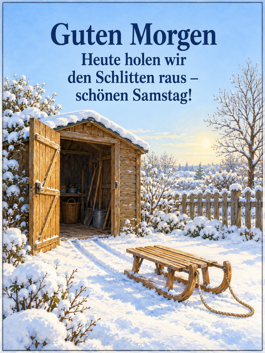Guten-Morgen-Bild zum Samstag mit dem Text „Guten Morgen“ und „Heute holen wir den Schlitten raus – schönen Samstag!“ – Motiv: Schlitten, Gartenschuppen, Schnee, Samstag
