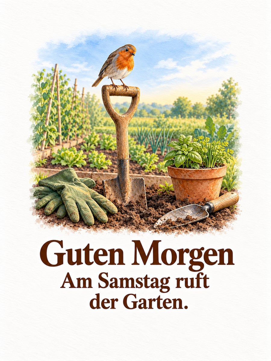 Guten-Morgen-Bild zum Samstag mit dem Text „Guten Morgen“ und „Am Samstag ruft der Garten.“ – Motiv: Rotkehlchen, Spaten, Gartenarbeit, Kräuter, Gemüsebeet