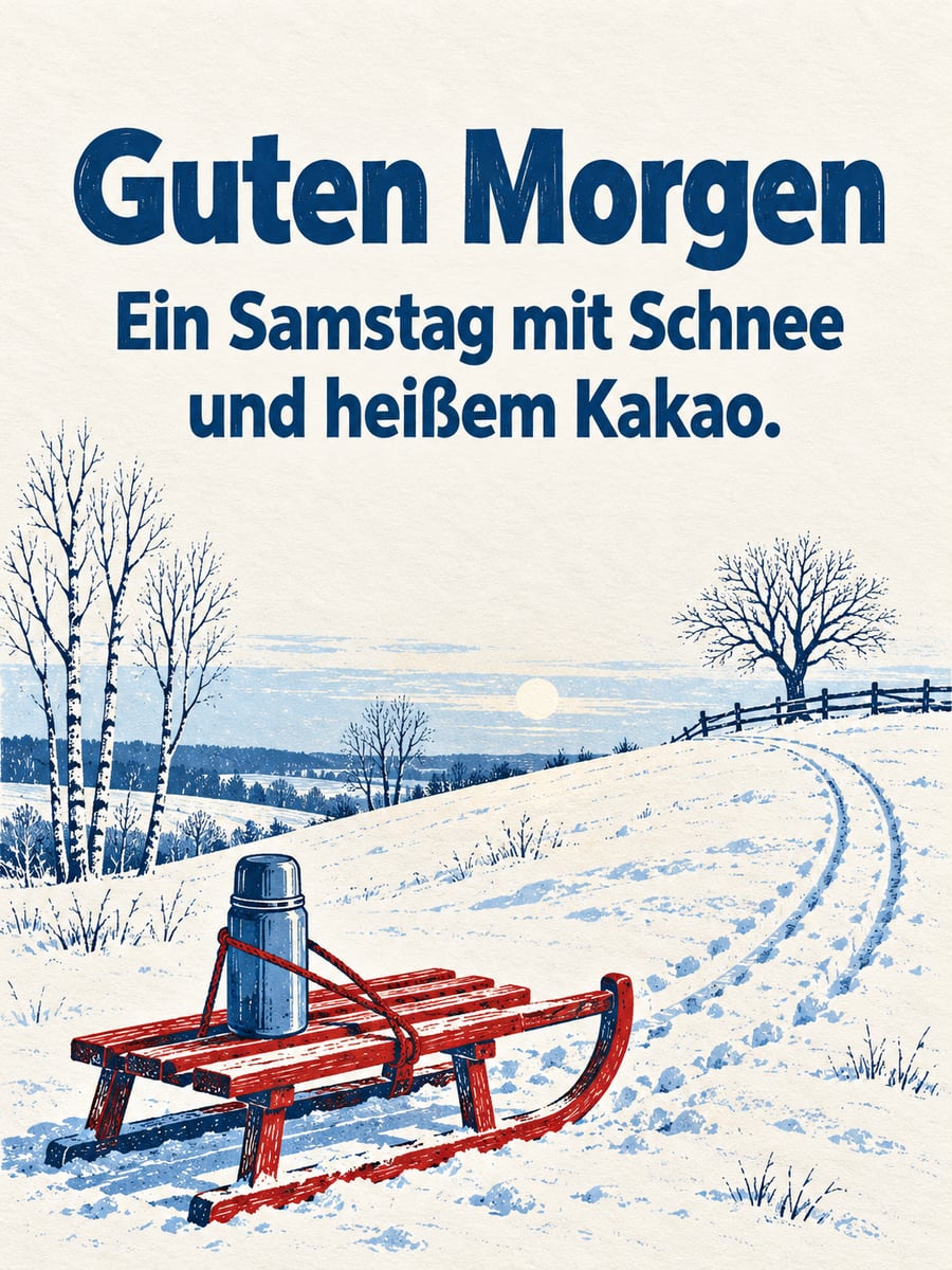 Guten-Morgen-Bild zum Samstag mit dem Text „Guten Morgen“ und „Ein Samstag mit Schnee und heißem Kakao.“ – Motiv: Schlitten, Rodelhang, Schnee, Birken, Linolschnitt