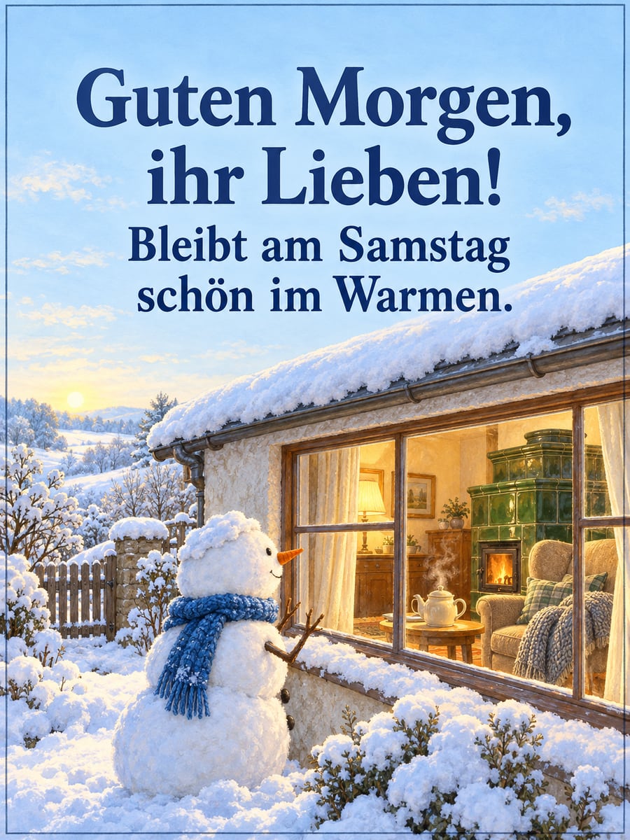 Guten-Morgen-Bild zum Samstag mit dem Text „Guten Morgen, ihr Lieben!“ und „Bleibt am Samstag schön im Warmen.“ – Motiv: Schneemann, Kachelofen, Fenster, Schnee, Winter