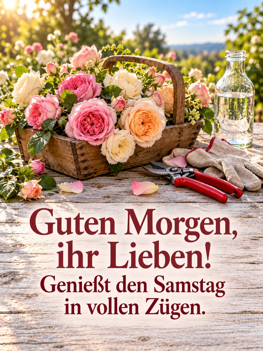 Guten-Morgen-Bild zum Samstag mit dem Text „Guten Morgen, ihr Lieben!“ und „Genießt den Samstag in vollen Zügen.“ – Motiv: Rosen, Schnittblumen, Gartenschere, Gartenhandschuhe, Gartentisch
