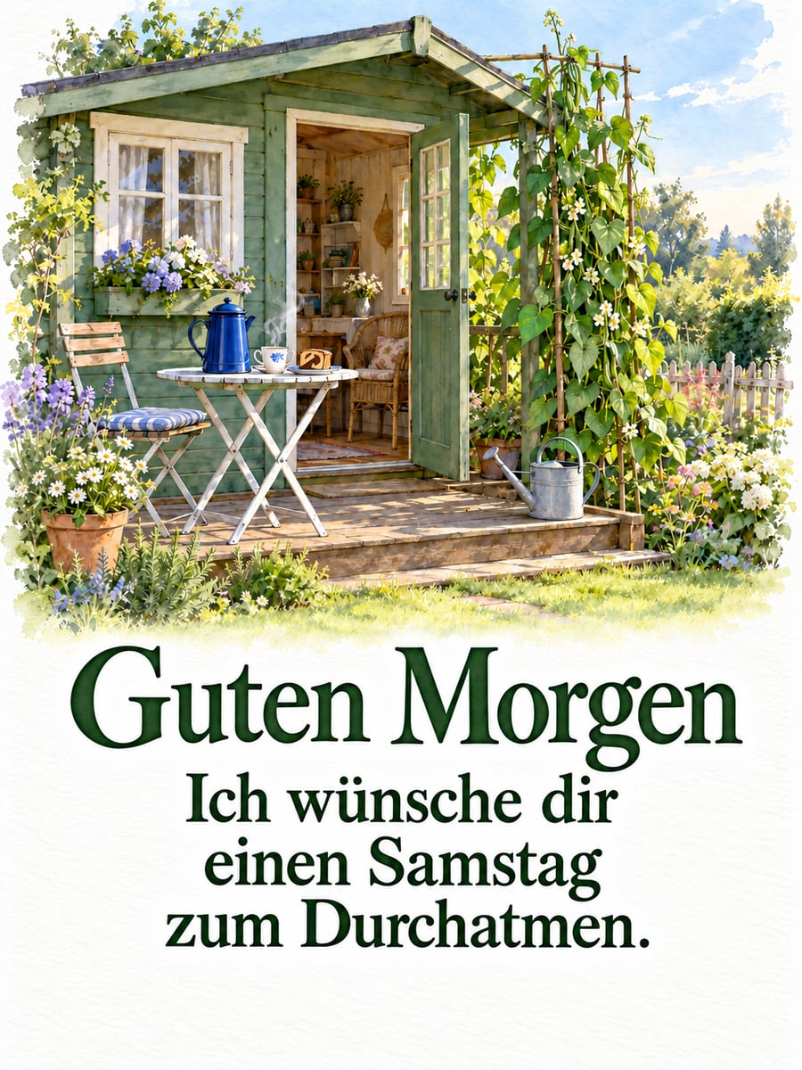 Guten-Morgen-Bild zum Samstag mit dem Text „Guten Morgen“ und „Ich wünsche dir einen Samstag zum Durchatmen.“ – Motiv: Schrebergarten, Laube, Kaffeekanne, Marmorkuchen, Gießkanne