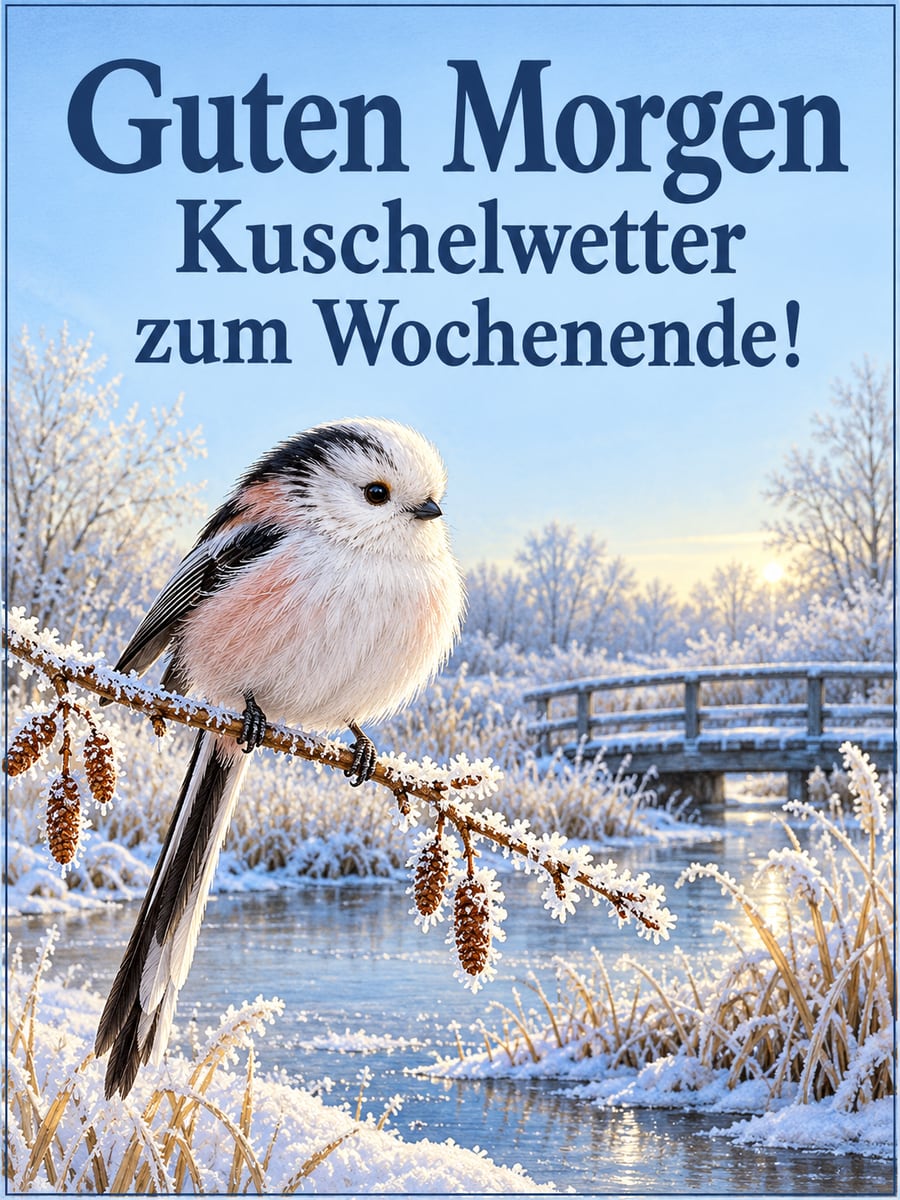 Guten-Morgen-Bild zum Samstag mit dem Text „Guten Morgen“ und „Kuschelwetter zum Wochenende!“ – Motiv: Schwanzmeise, Raureif, Gartenteich, Eis, Winter