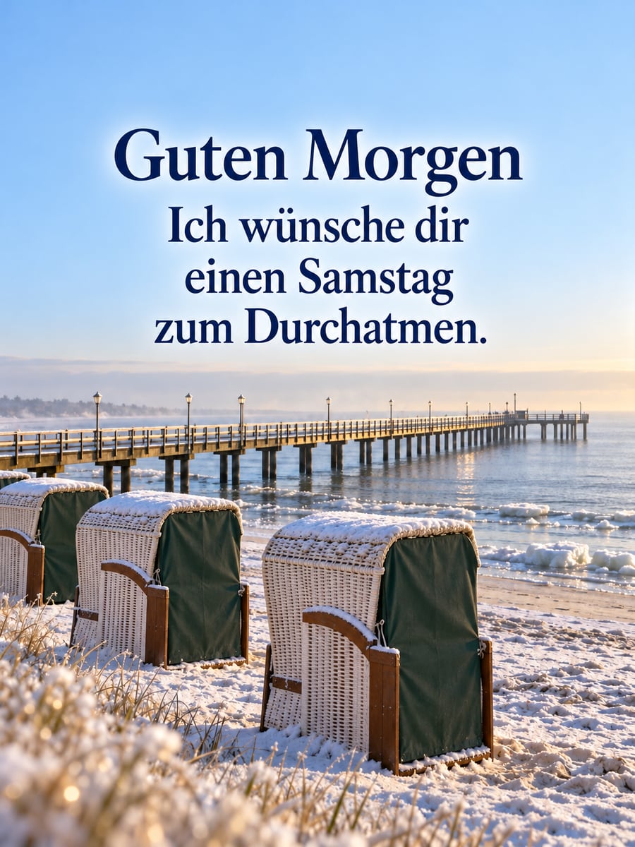 Guten-Morgen-Bild zum Samstag mit dem Text „Guten Morgen“ und „Ich wünsche dir einen Samstag zum Durchatmen.“ – Motiv: Strandkorb, Seebrücke, Ostsee, Schnee, Winter