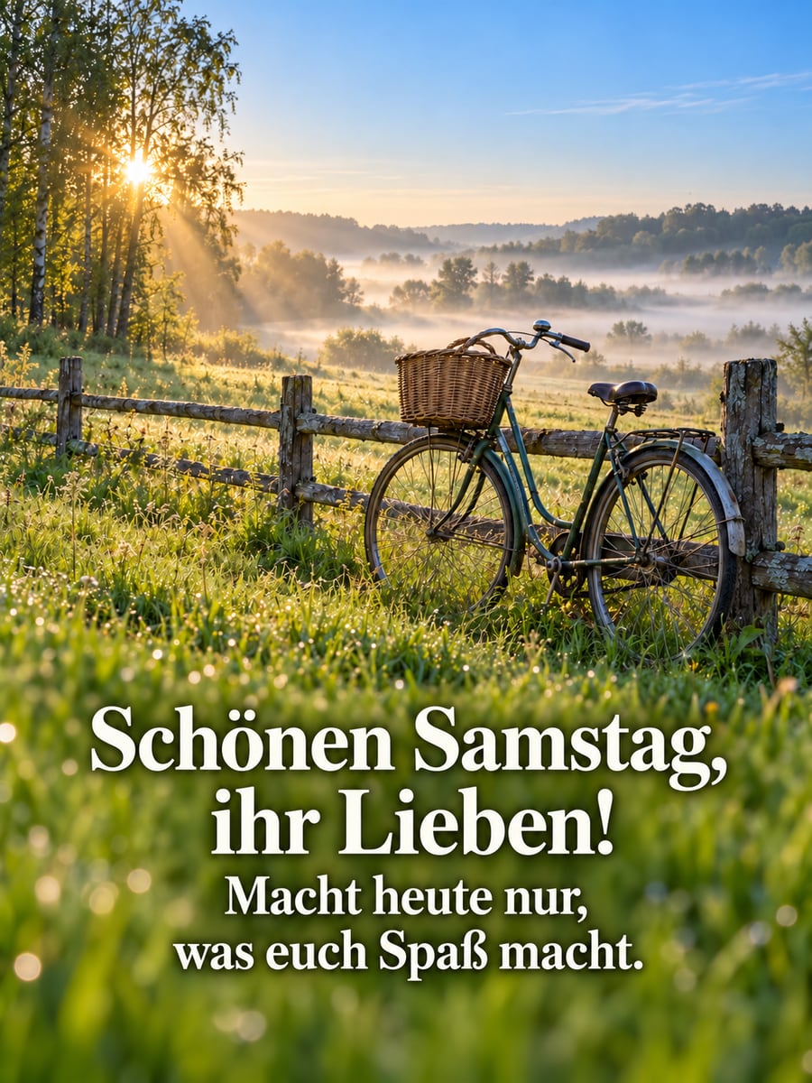 Guten-Morgen-Bild zum Samstag mit dem Text „Schönen Samstag, ihr Lieben!“ und „Macht heute nur, was euch Spaß macht.“ – Motiv: Morgentau, Wiese, Fahrrad, Holzzaun, Sonnenstrahlen