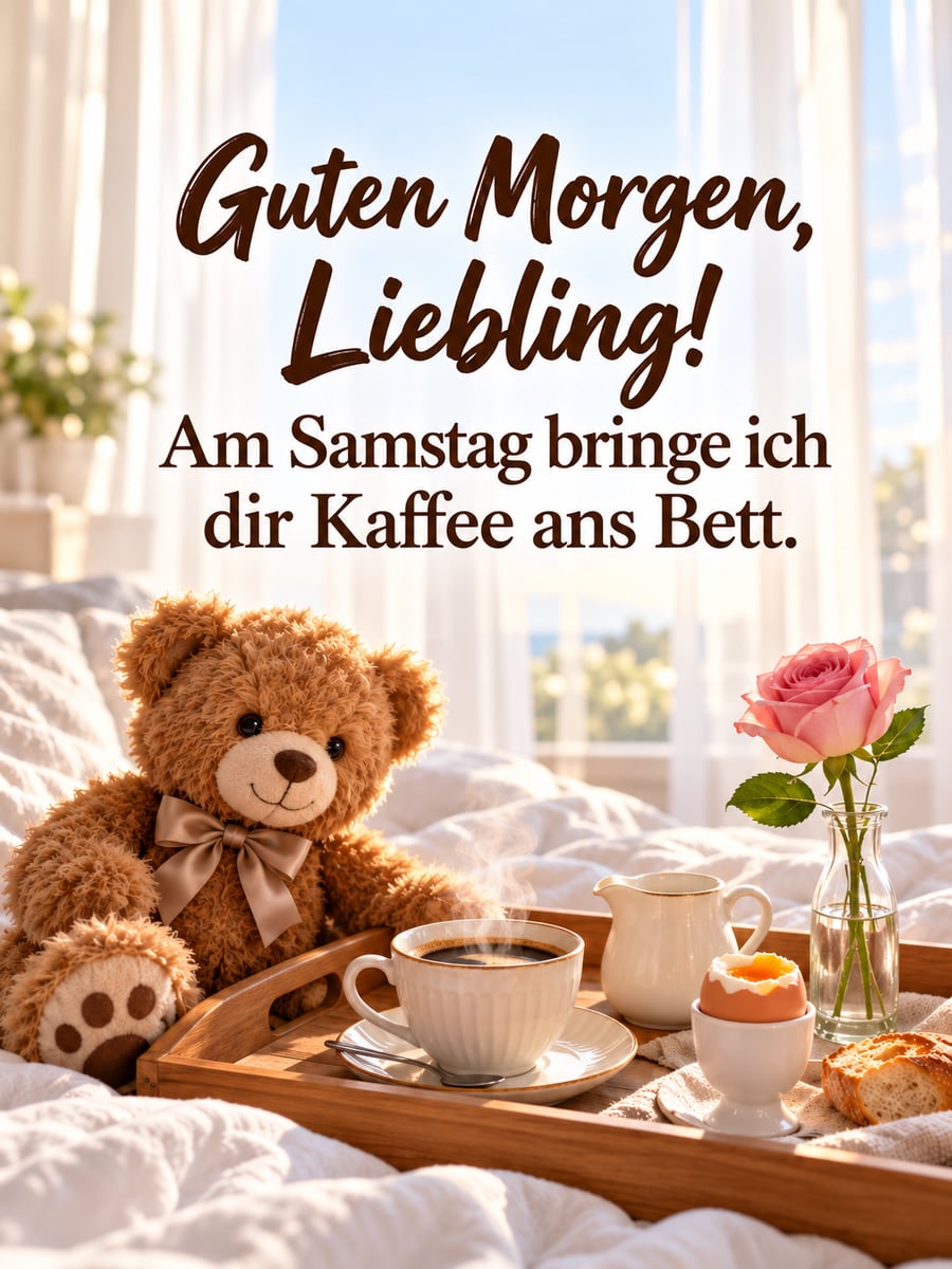 Guten-Morgen-Bild zum Samstag mit dem Text „Guten Morgen, Liebling!“ und „Am Samstag bringe ich dir Kaffee ans Bett.“ – Motiv: Teddybär, Frühstückstablett, Kaffee, Rose, Frühstücksei