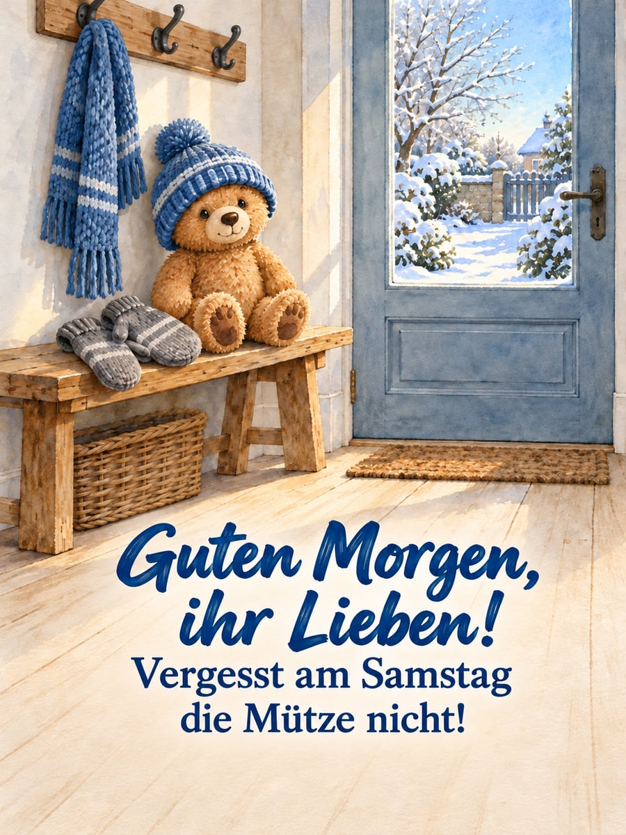 Guten-Morgen-Bild zum Samstag mit dem Text „Guten Morgen, ihr Lieben!“ und „Vergesst am Samstag die Mütze nicht!“ – Motiv: Teddybär, Pudelmütze, Handschuhe, Flur, Winter