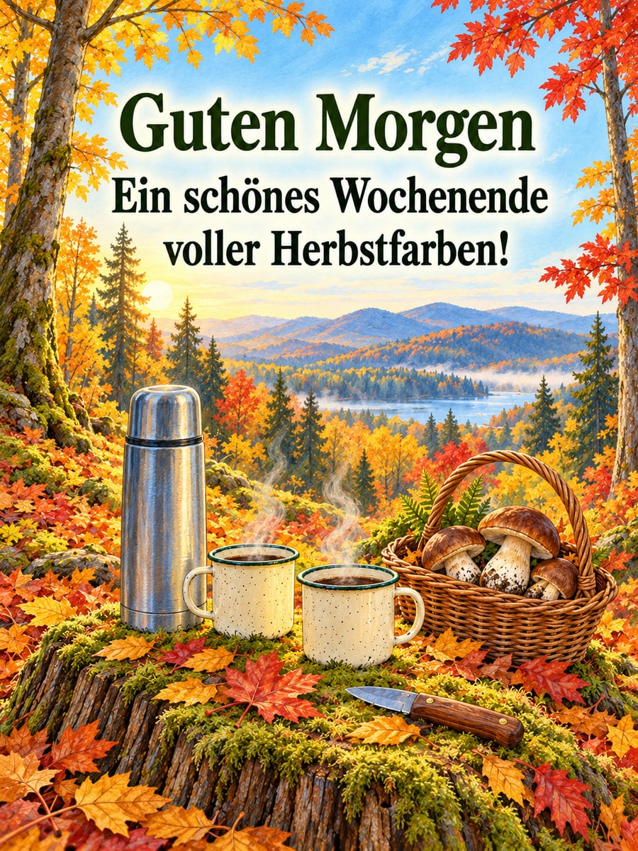 Guten-Morgen-Bild zum Samstag mit dem Text „Guten Morgen“ und „Ein schönes Wochenende voller Herbstfarben!“ – Motiv: Thermoskanne, Pilzsammeln, Maronen, Baumstumpf, Herbstwald