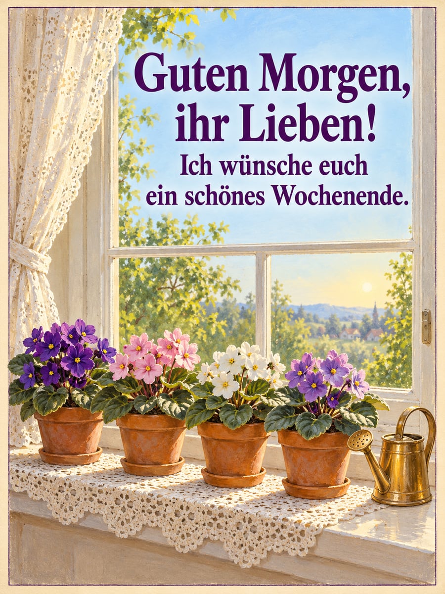 Guten-Morgen-Bild zum Samstag mit dem Text „Guten Morgen, ihr Lieben!“ und „Ich wünsche euch ein schönes Wochenende.“ – Motiv: Usambaraveilchen, Fensterbank, Gießkanne, Häkeldecke, Gardine