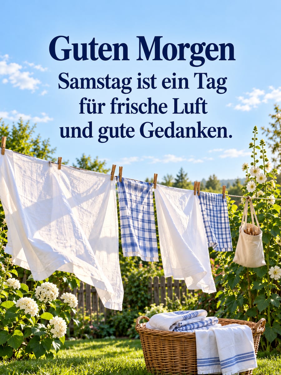 Guten-Morgen-Bild zum Samstag mit dem Text „Guten Morgen“ und „Samstag ist ein Tag für frische Luft und gute Gedanken.“ – Motiv: Wäscheleine, Bettwäsche, Wäschekorb, Garten, frische Luft