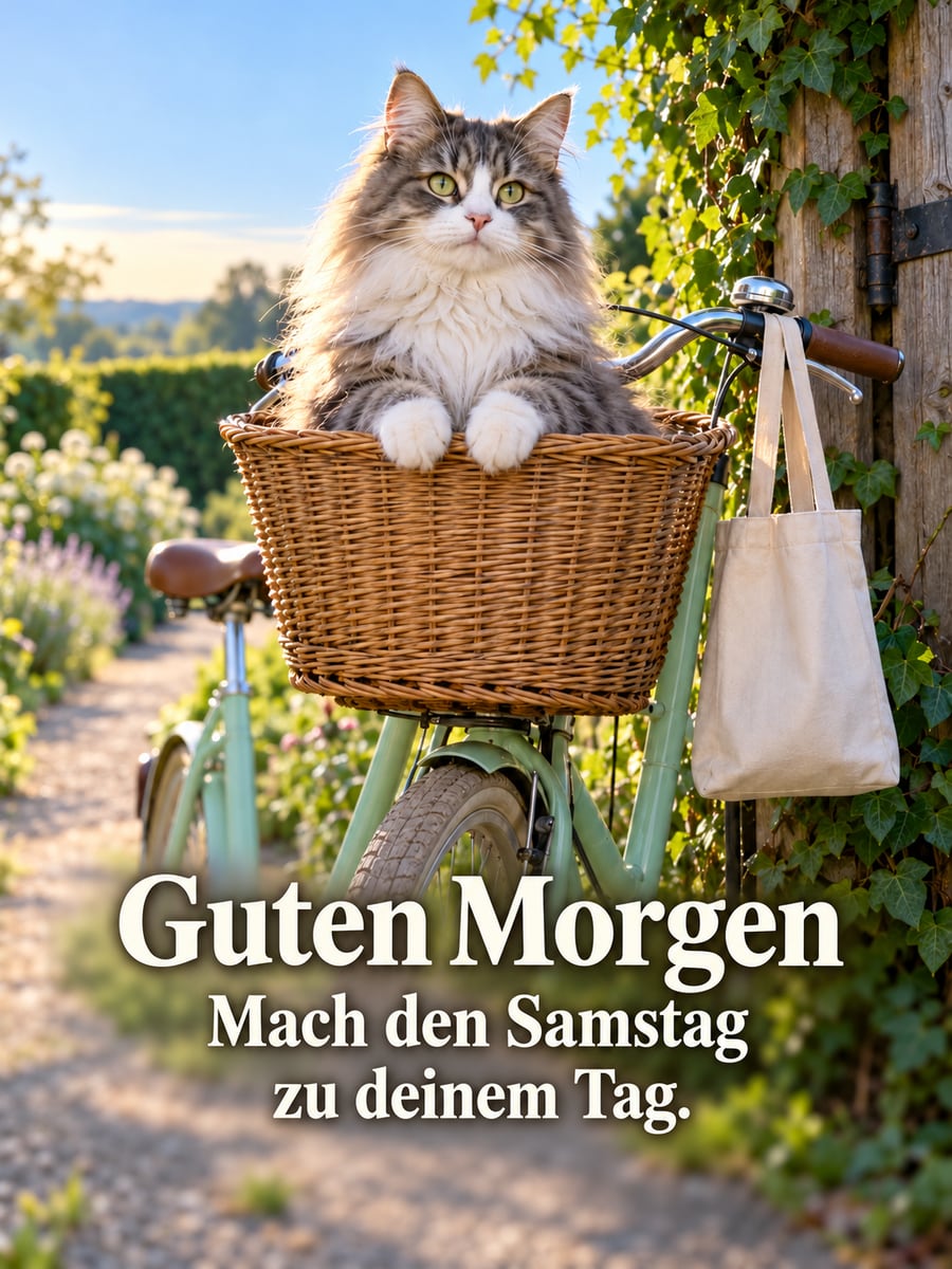 Guten-Morgen-Bild zum Samstag mit dem Text „Guten Morgen“ und „Mach den Samstag zu deinem Tag.“ – Motiv: Katze, Norwegische Waldkatze, Fahrrad, Fahrradkorb, Gartentor