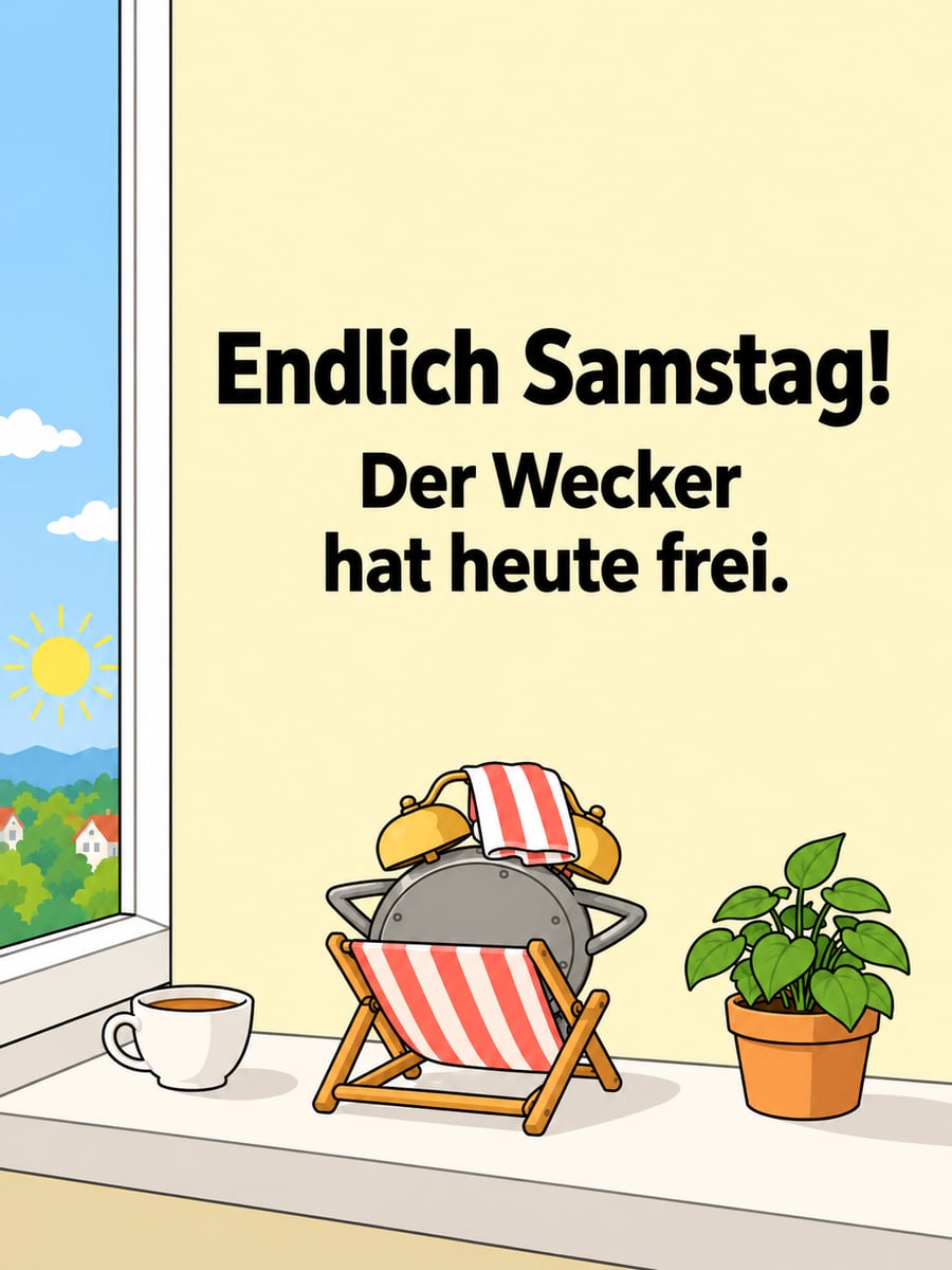 Guten-Morgen-Bild zum Samstag mit dem Text „Endlich Samstag!“ und „Der Wecker hat heute frei.“ – Motiv: Wecker, Liegestuhl, Fensterbank, Samstag