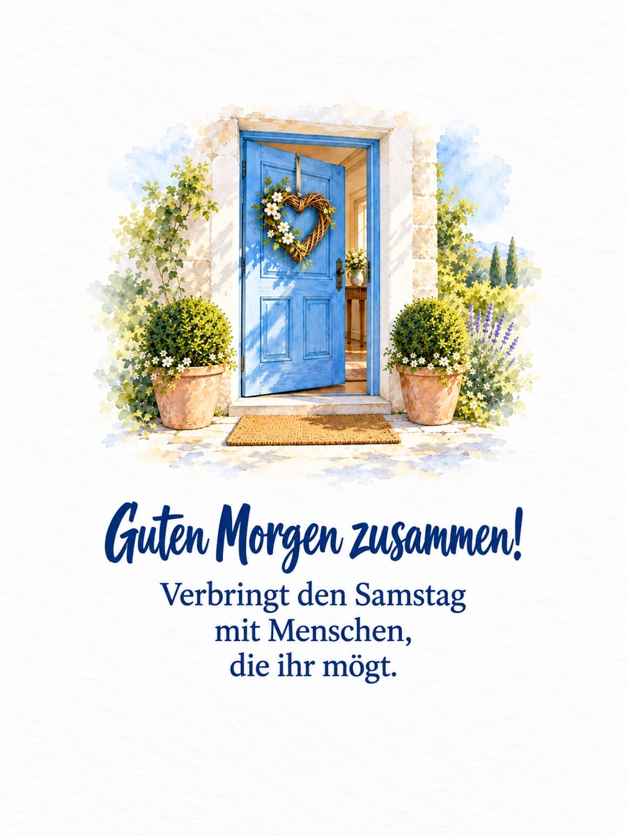 Guten-Morgen-Bild zum Samstag mit dem Text „Guten Morgen zusammen!“ und „Verbringt den Samstag mit Menschen, die ihr mögt.“ – Motiv: Haustür, Weidenherz, Buchsbaum, Willkommen