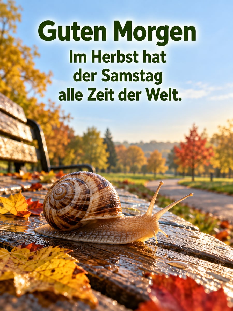 Guten-Morgen-Bild zum Samstag mit dem Text „Guten Morgen“ und „Im Herbst hat der Samstag alle Zeit der Welt.“ – Motiv: Weinbergschnecke, Parkbank, Herbstlaub, Zeit