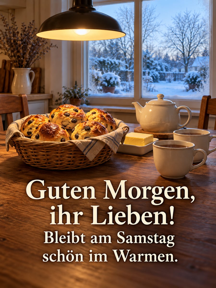 Guten-Morgen-Bild zum Samstag mit dem Text „Guten Morgen, ihr Lieben!“ und „Bleibt am Samstag schön im Warmen.“ – Motiv: Küche, Lampe, Rosinenbrötchen, Tee, Winterfenster