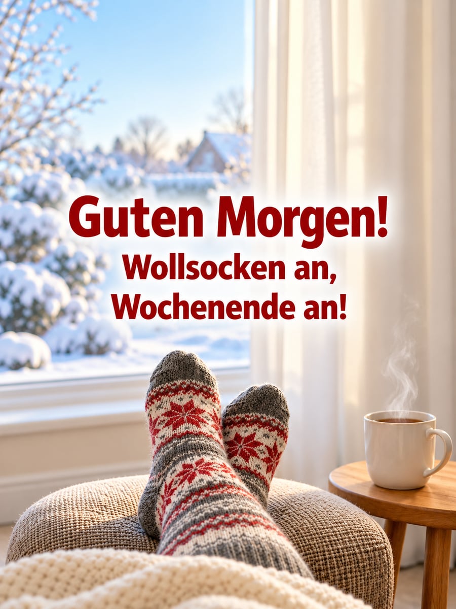 Guten-Morgen-Bild zum Samstag mit dem Text „Guten Morgen!“ und „Wollsocken an, Wochenende an!“ – Motiv: Wollsocken, Fußhocker, Tee, Decke, Winter