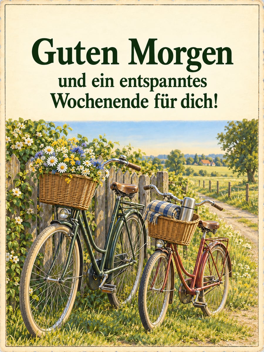 Guten-Morgen-Bild zum Samstag mit dem Text „Guten Morgen und ein entspanntes Wochenende für dich!“ – Motiv: Fahrräder, Gartenzaun, Blumenkorb, Ausflug, Wochenende