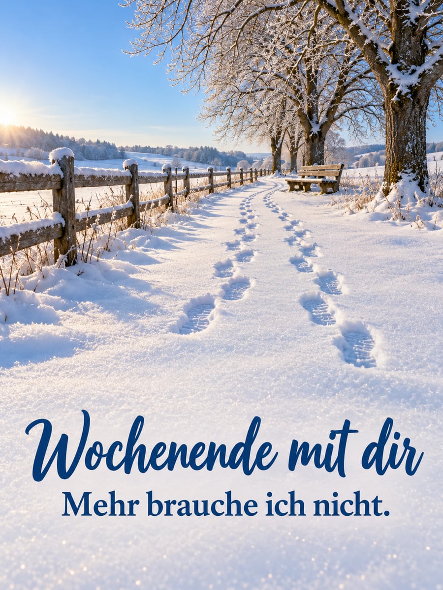 Guten-Morgen-Bild zum Samstag mit dem Text „Wochenende mit dir“ und „Mehr brauche ich nicht.“ – Motiv: Fußspuren, Schnee, Feldweg, Bank, Winterspaziergang
