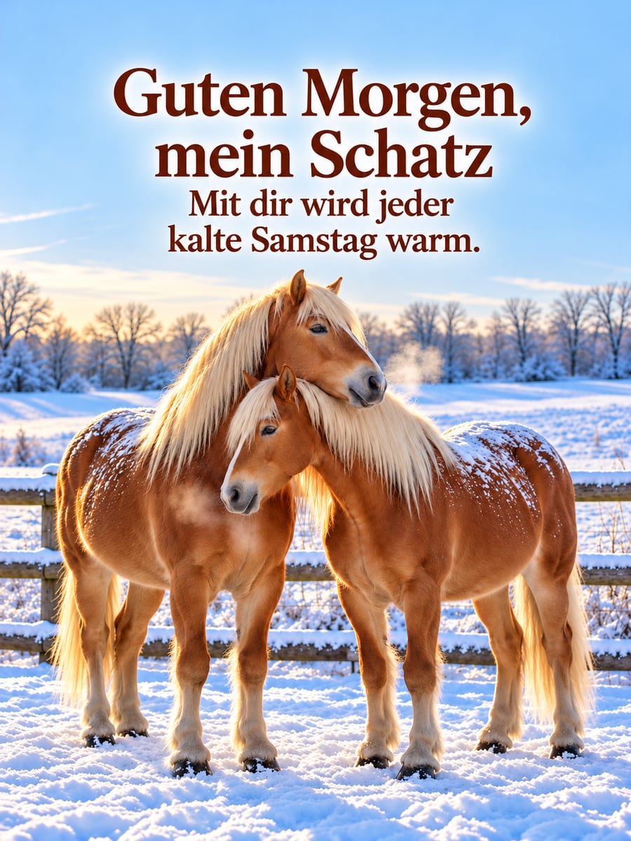 Guten-Morgen-Bild zum Samstag mit dem Text „Guten Morgen, mein Schatz“ und „Mit dir wird jeder kalte Samstag warm.“ – Motiv: Haflinger, Pferde, Schnee, Koppel, Zweisamkeit