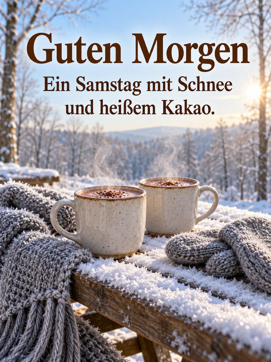 Guten-Morgen-Bild zum Samstag mit dem Text „Guten Morgen“ und „Ein Samstag mit Schnee und heißem Kakao.“ – Motiv: Kakao, Schnee, Picknicktisch, Fäustlinge, Winterwald