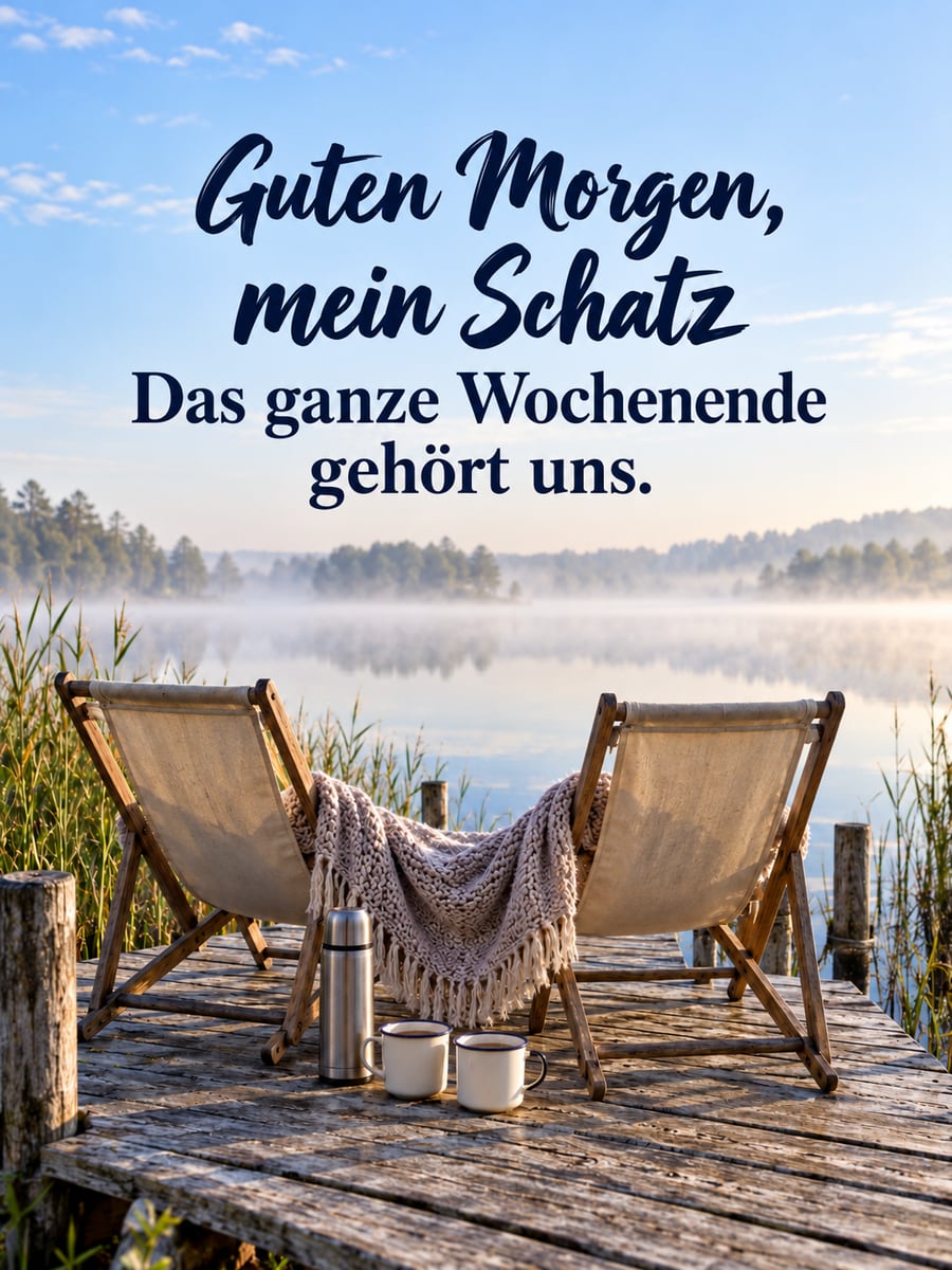 Guten-Morgen-Bild zum Samstag mit dem Text „Guten Morgen, mein Schatz“ und „Das ganze Wochenende gehört uns.“ – Motiv: See, Steg, Klappstühle, Decke, Morgennebel