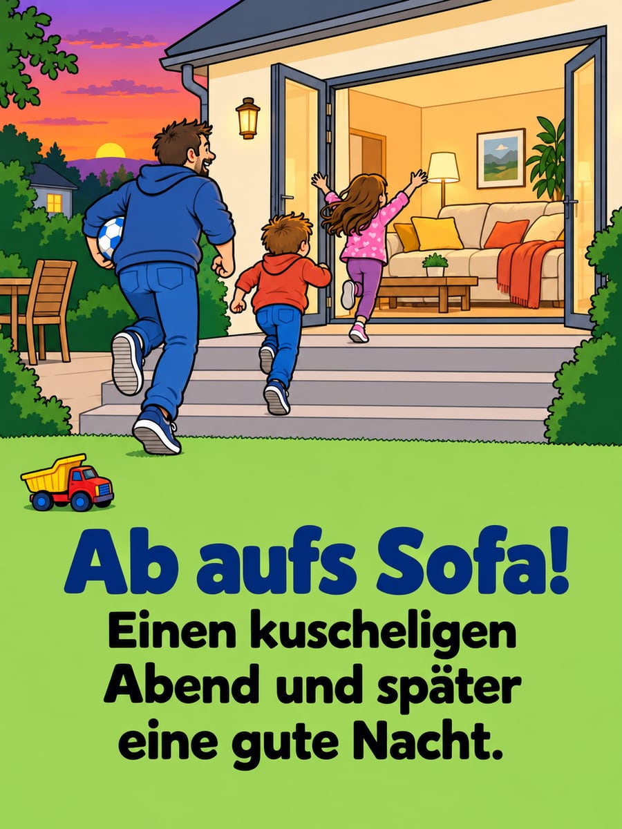 Bild für den Abend mit dem Text „Ab aufs Sofa!“ und „Einen kuscheligen Abend und später eine gute Nacht.“ – Motiv: Familie, Sofa, Terrasse, Feierabend