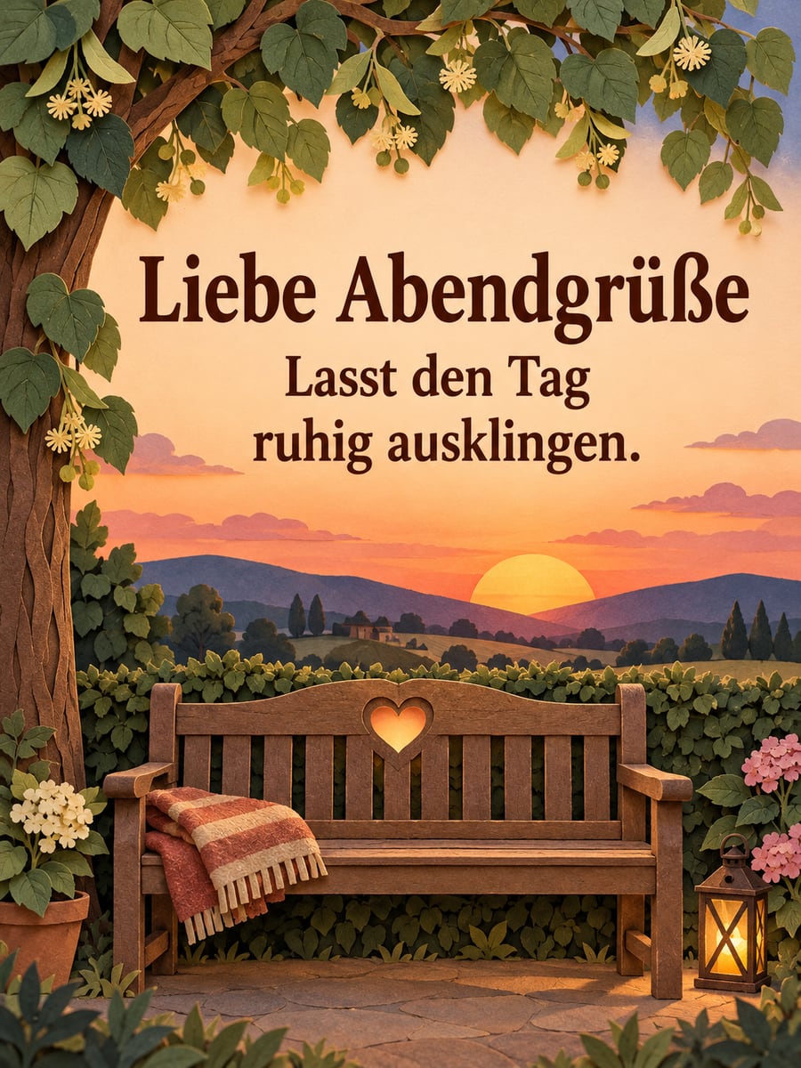 Bild für den Abend mit dem Text „Liebe Abendgrüße“ und „Lasst den Tag ruhig ausklingen.“ – Motiv: Gartenbank, Herz, Linde, Sonnenuntergang