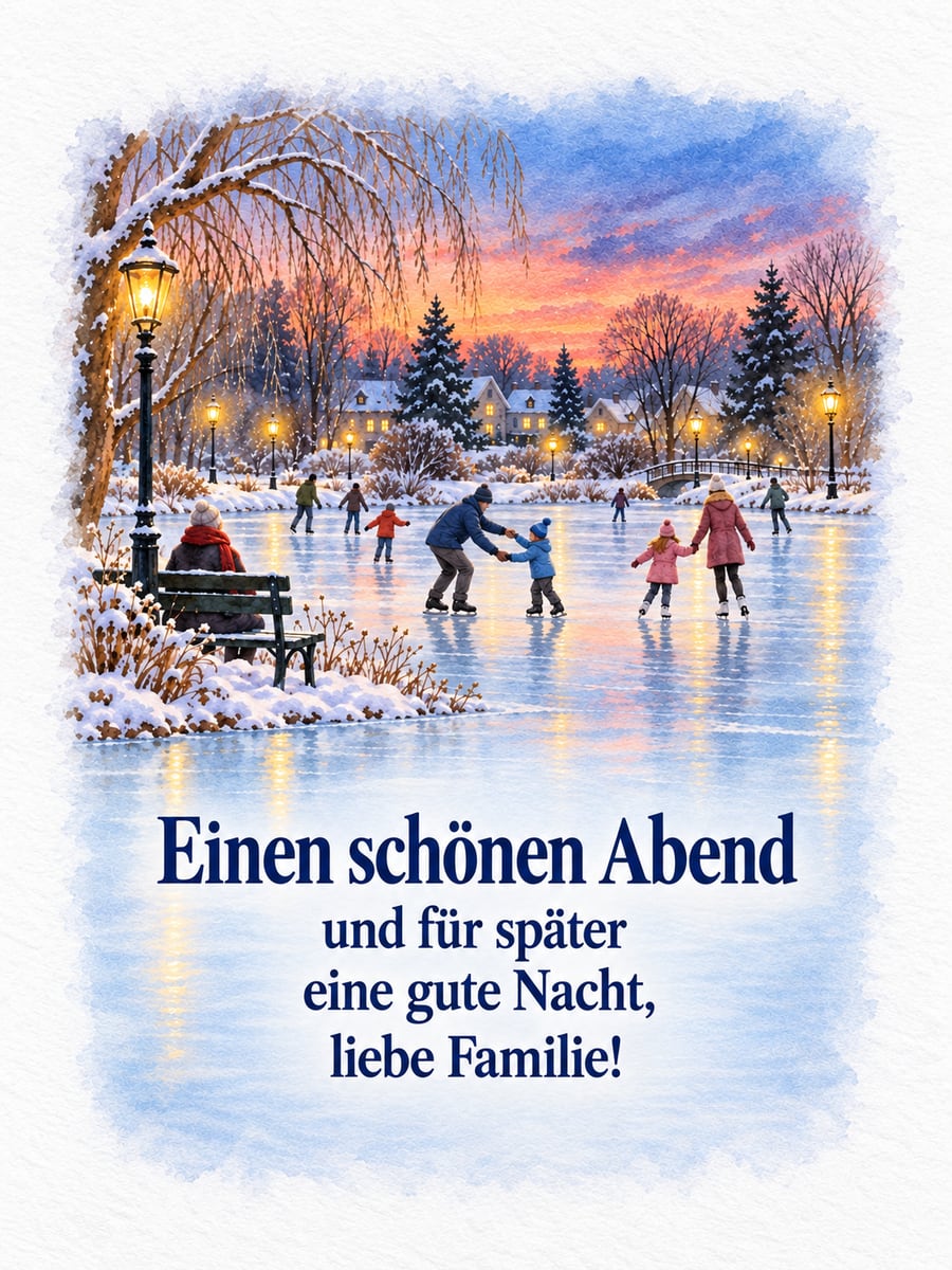 Bild für den Abend mit dem Text „Einen schönen Abend und für später eine gute Nacht, liebe Familie!“ – Motiv: Eislaufen, Teich, Familie, Straßenlaterne