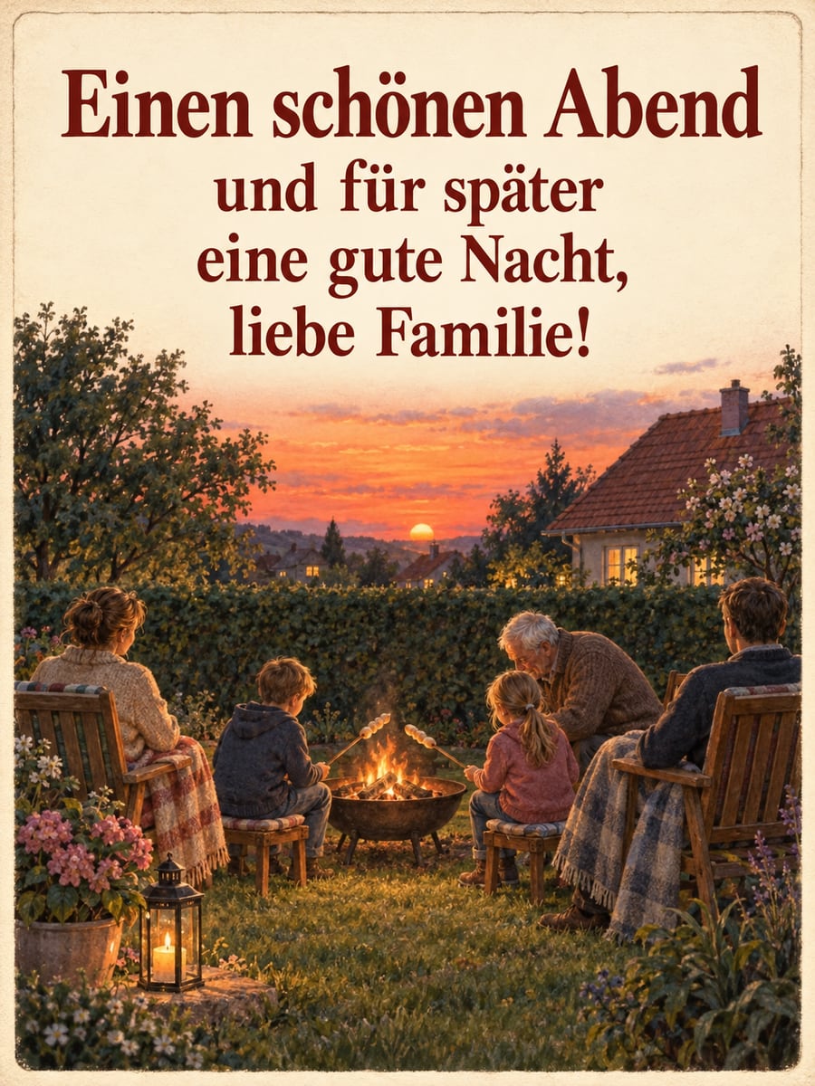 Bild für den Abend mit dem Text „Einen schönen Abend und für später eine gute Nacht, liebe Familie!“ – Motiv: Familie, Feuerschale, Stockbrot, Garten