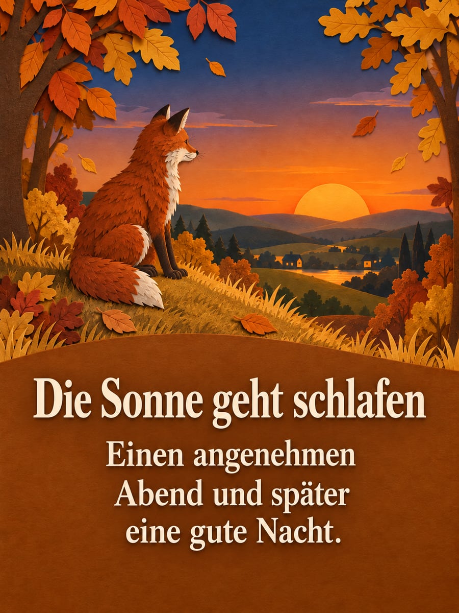 Bild für den Abend mit dem Text „Die Sonne geht schlafen“ und „Einen angenehmen Abend und später eine gute Nacht.“ – Motiv: Fuchs, Herbst, Sonnenuntergang, Hügel
