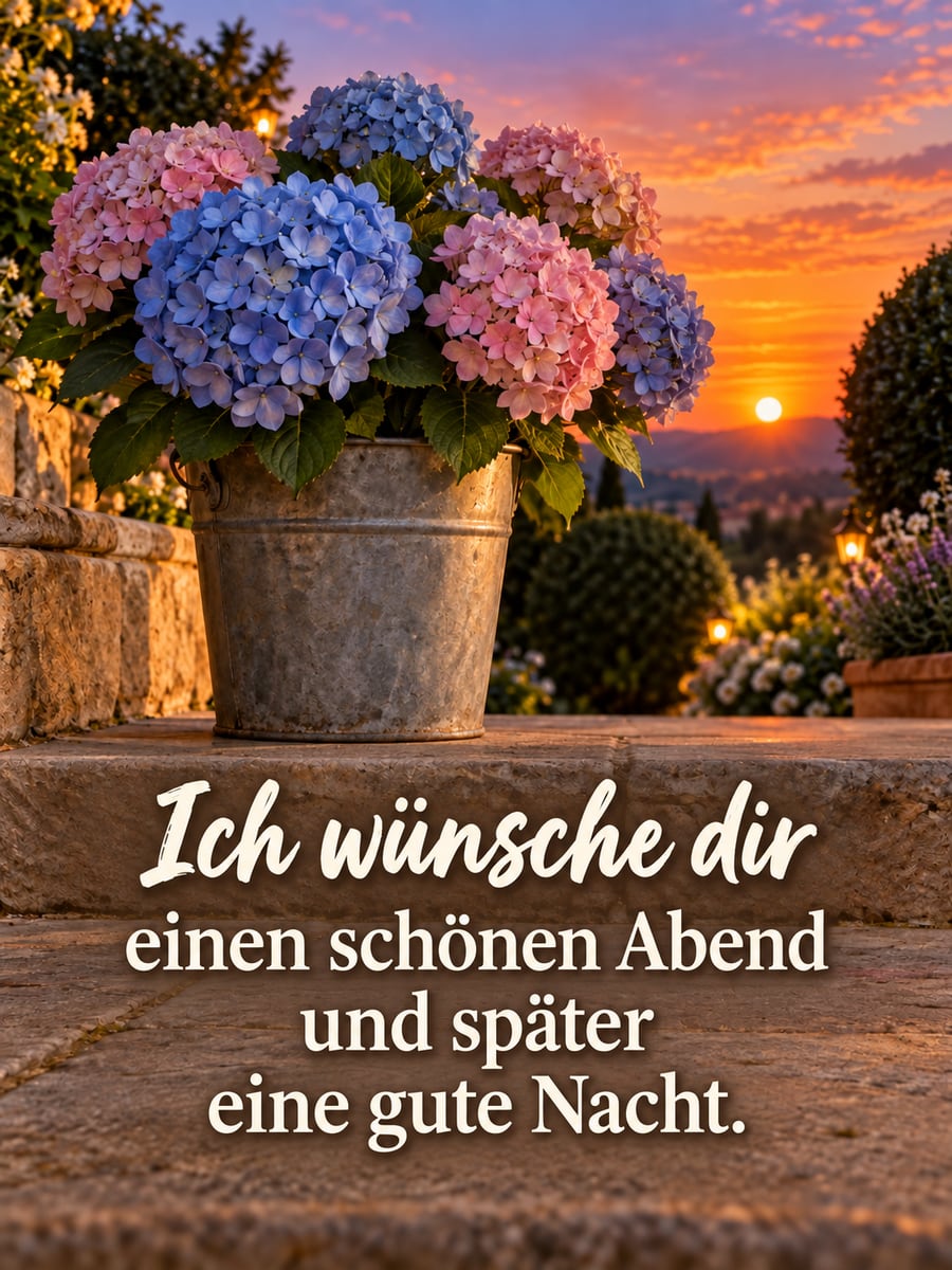 Bild für den Abend mit dem Text „Ich wünsche dir einen schönen Abend und später eine gute Nacht.“ – Motiv: Hortensien, Zinkeimer, Terrasse, Abendhimmel