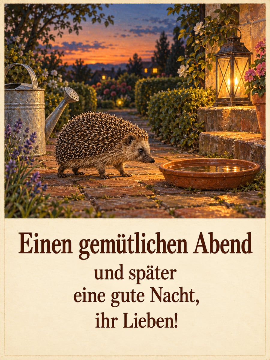 Bild für den Abend mit dem Text „Einen gemütlichen Abend und später eine gute Nacht, ihr Lieben!“ – Motiv: Igel, Gartenweg, Gießkanne, Laterne