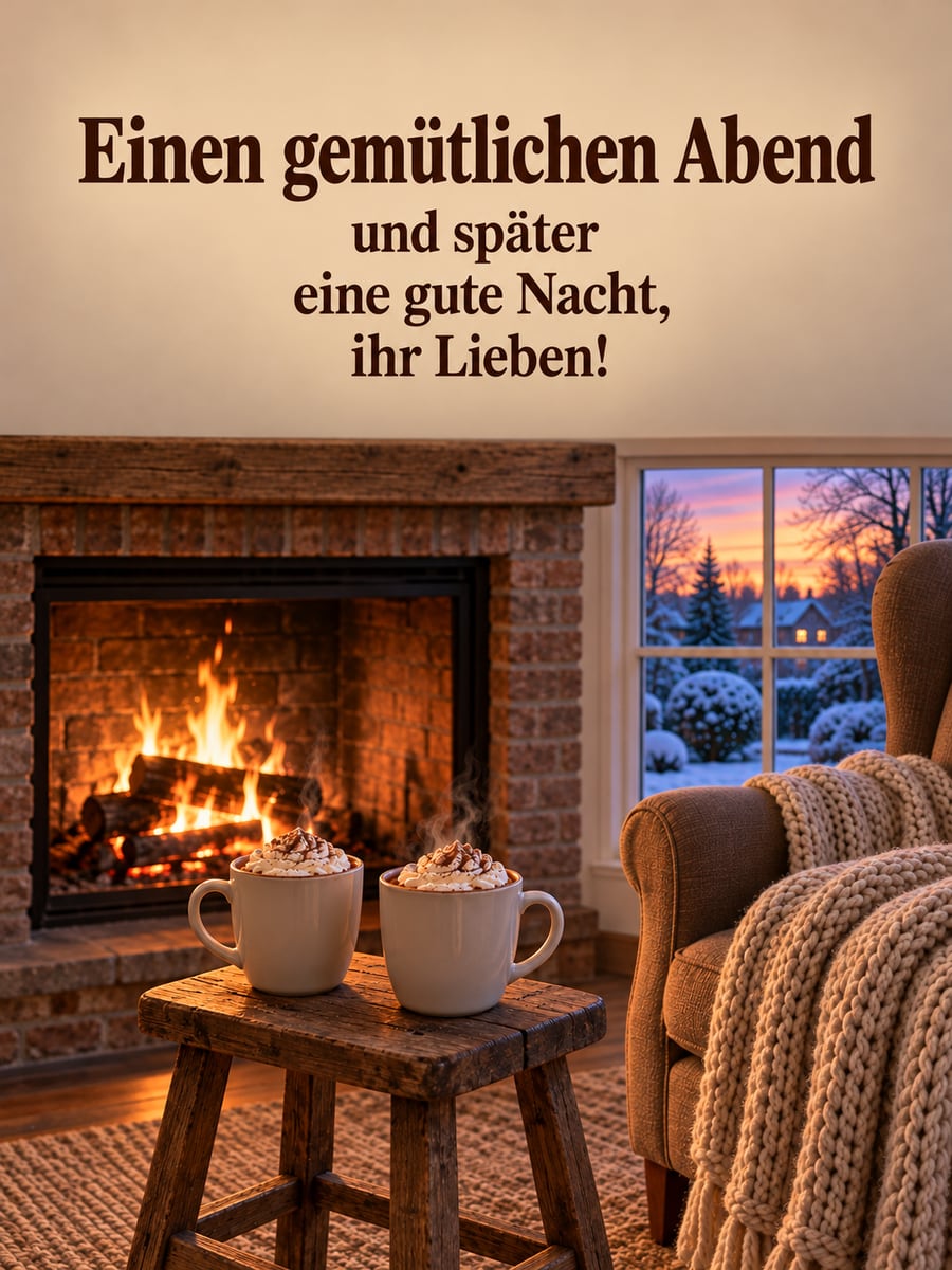 Bild für den Abend mit dem Text „Einen gemütlichen Abend und später eine gute Nacht, ihr Lieben!“ – Motiv: Kakao, Kamin, Ohrensessel, Winterabend