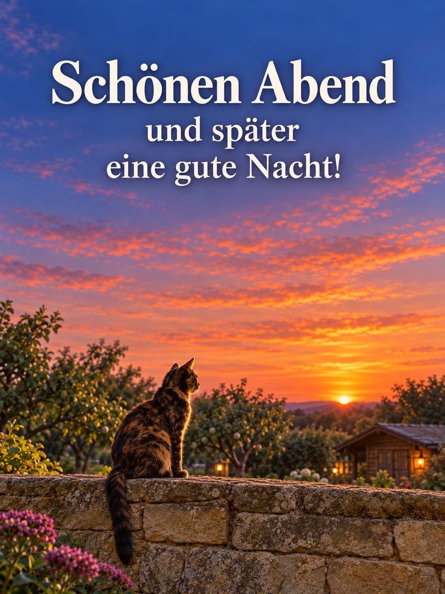 Bild für den Abend mit dem Text „Schönen Abend und später eine gute Nacht!“ – Motiv: Katze, Gartenmauer, Sonnenuntergang