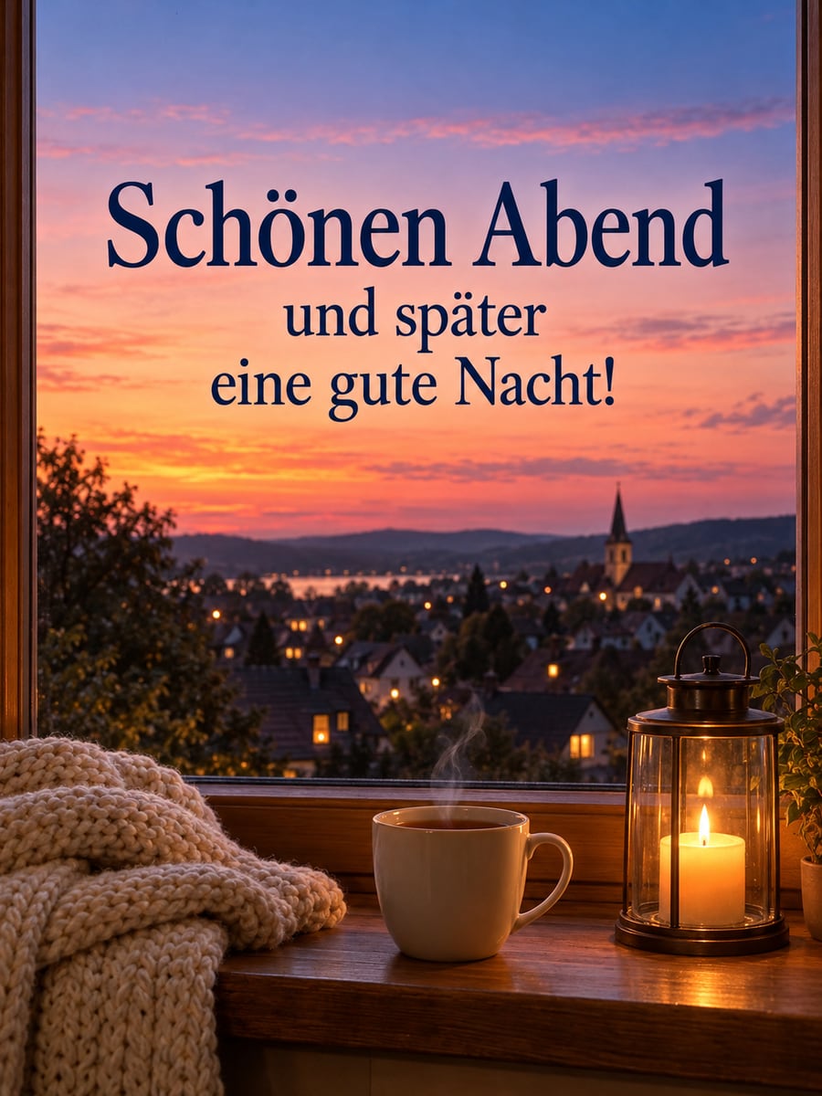Bild für den Abend mit dem Text „Schönen Abend und später eine gute Nacht!“ – Motiv: Laterne, Kerze, Tee, Wolldecke, Sonnenuntergang