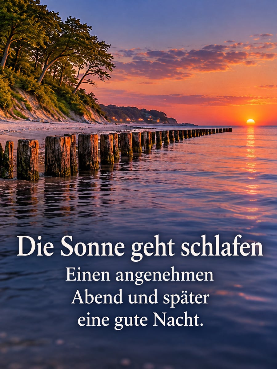 Bild für den Abend mit dem Text „Die Sonne geht schlafen“ und „Einen angenehmen Abend und später eine gute Nacht.“ – Motiv: Buhnen, Ostsee, Strand, Sonnenuntergang