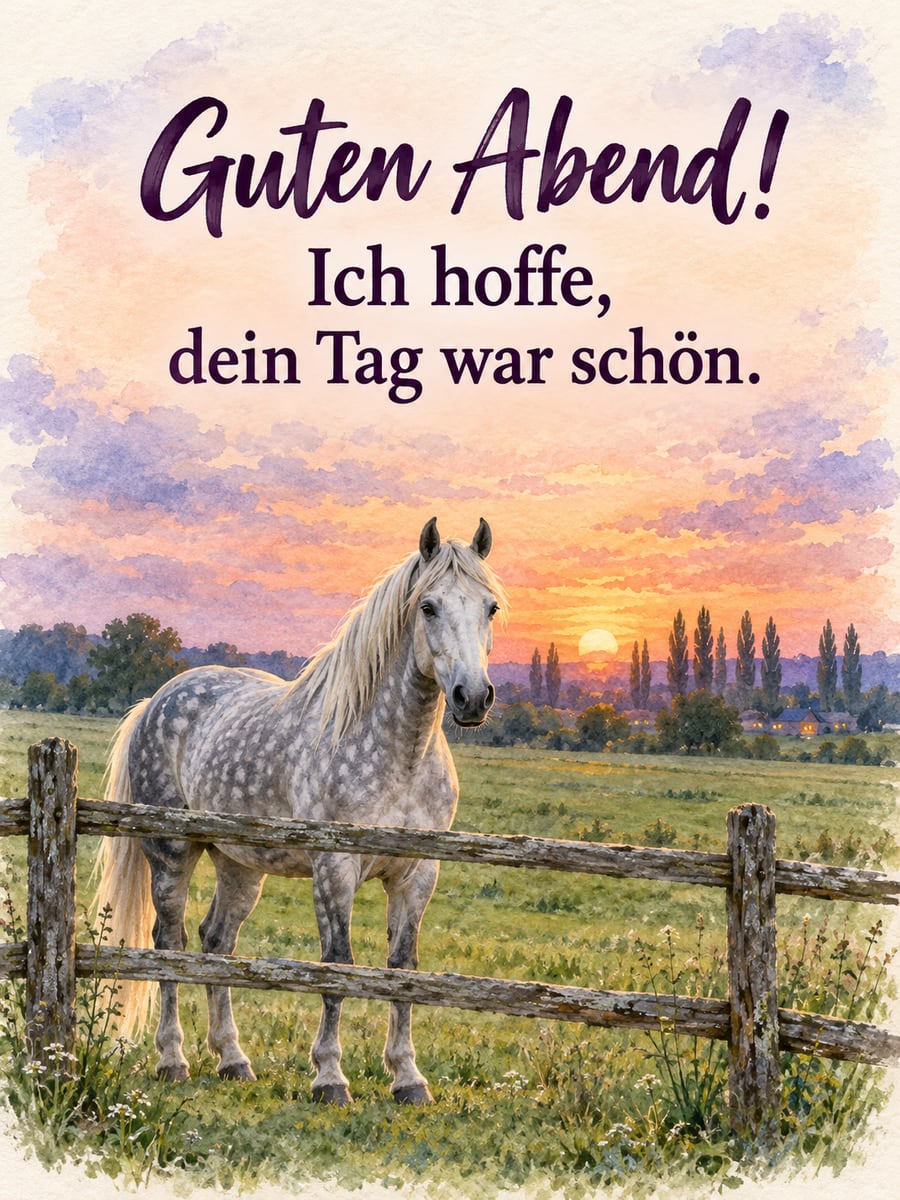 Bild für den Abend mit dem Text „Guten Abend!“ und „Ich hoffe, dein Tag war schön.“ – Motiv: Pferd, Koppel, Pappeln, Abendhimmel