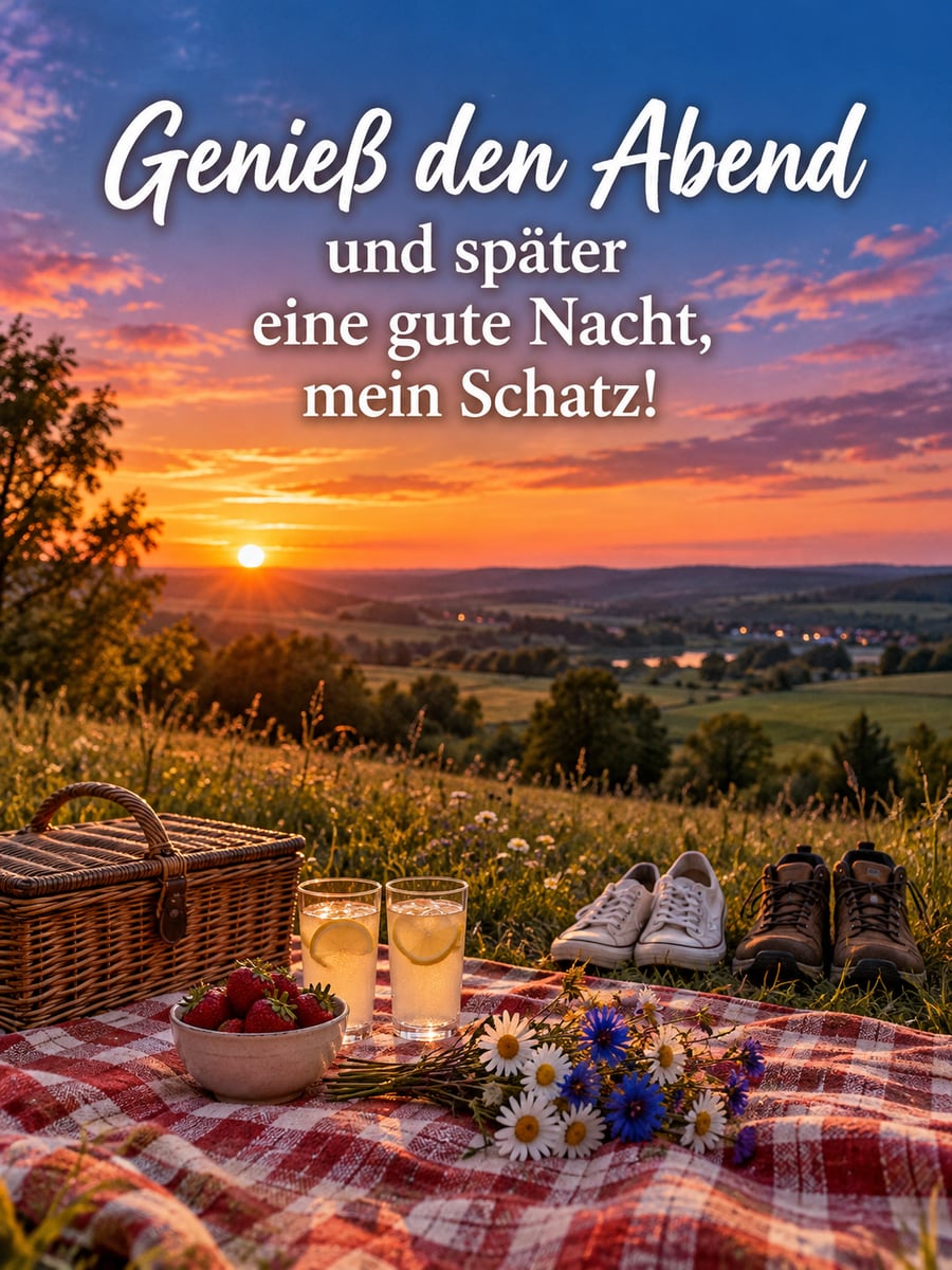 Bild für den Abend mit dem Text „Genieß den Abend und später eine gute Nacht, mein Schatz!“ – Motiv: Picknick, Decke, Wiese, Sonnenuntergang