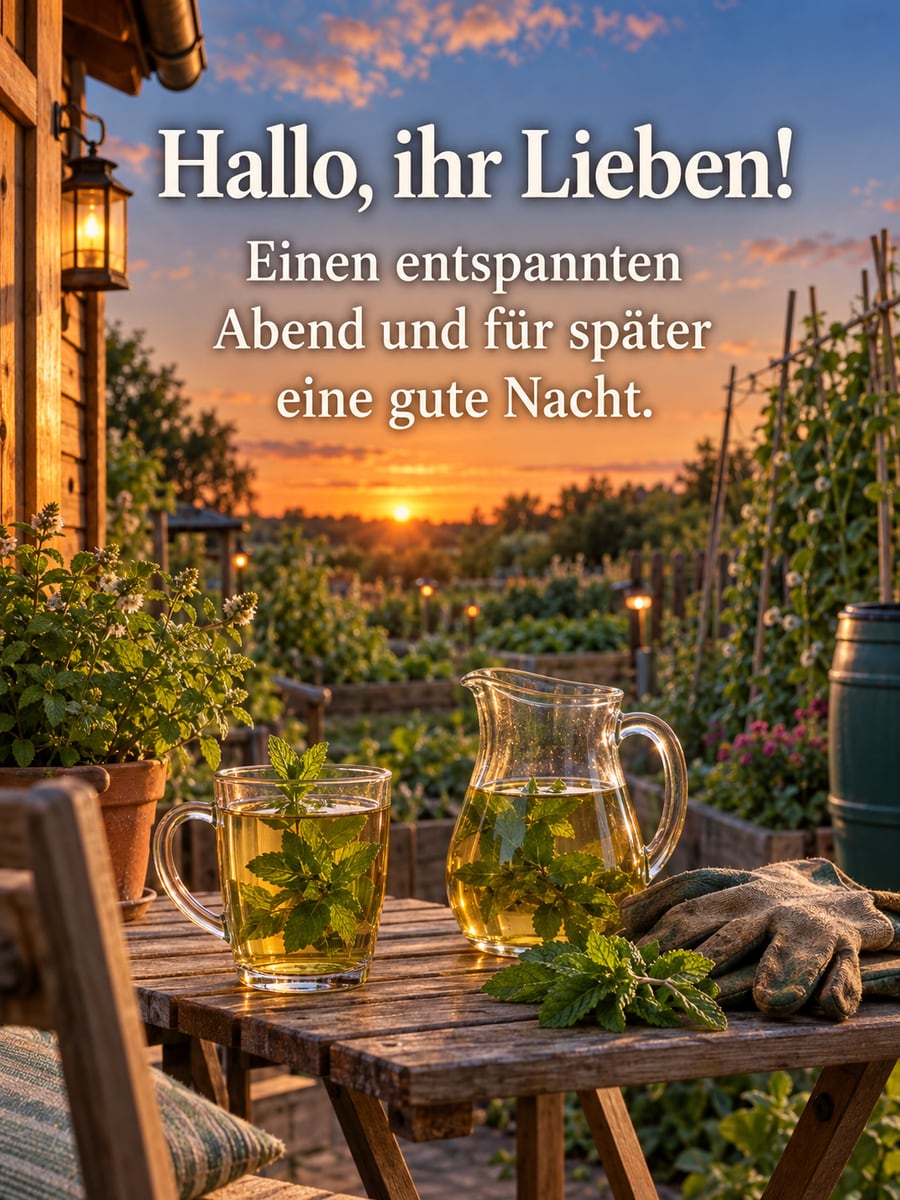 Bild für den Abend mit dem Text „Hallo, ihr Lieben!“ und „Einen entspannten Abend und für später eine gute Nacht.“ – Motiv: Minztee, Schrebergarten, Gartenlaube, Abendhimmel