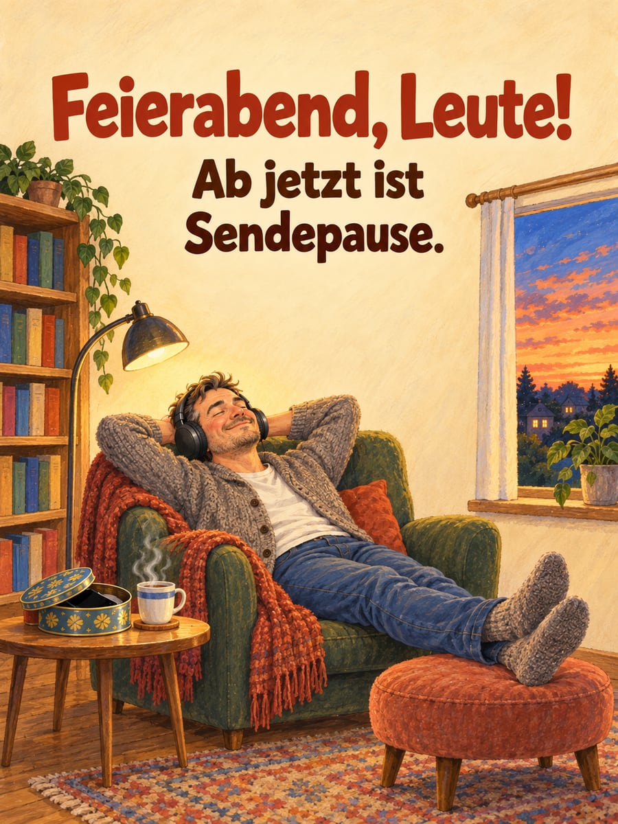 Bild für den Abend mit dem Text „Feierabend, Leute!“ und „Ab jetzt ist Sendepause.“ – Motiv: Feierabend, Sessel, Kopfhörer, Keksdose