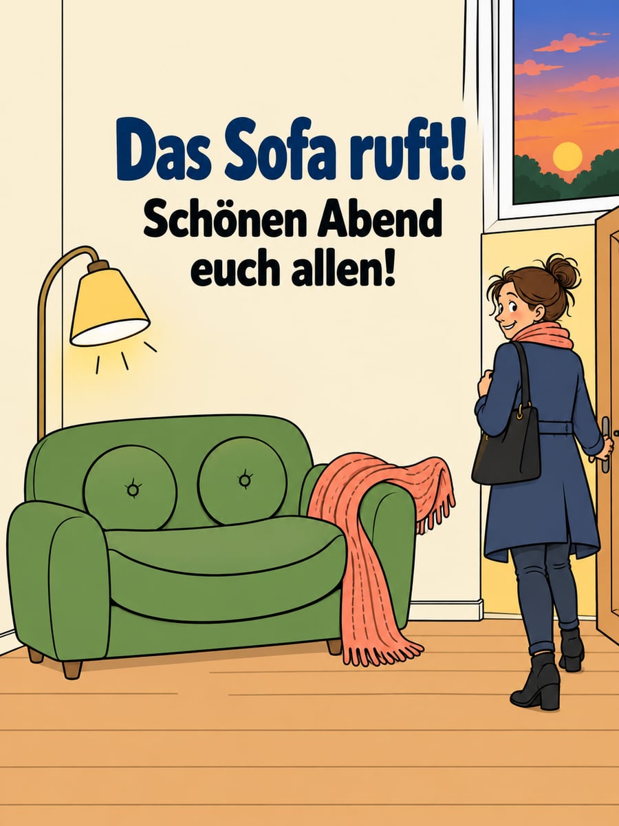 Bild für den Abend mit dem Text „Das Sofa ruft!“ und „Schönen Abend euch allen!“ – Motiv: Sofa, Feierabend, Wohnzimmer, Decke