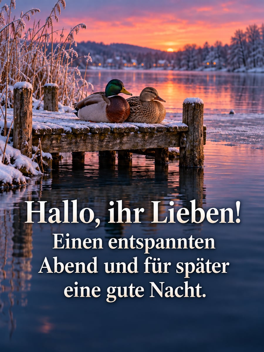 Bild für den Abend mit dem Text „Hallo, ihr Lieben!“ und „Einen entspannten Abend und für später eine gute Nacht.“ – Motiv: Stockenten, Steg, See, Winterabend