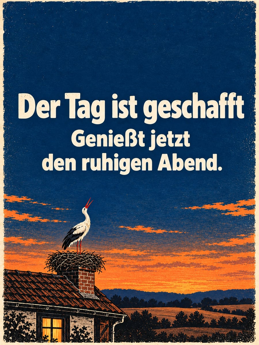 Bild für den Abend mit dem Text „Der Tag ist geschafft“ und „Genießt jetzt den ruhigen Abend.“ – Motiv: Storch, Storchennest, Schornstein, Abendhimmel