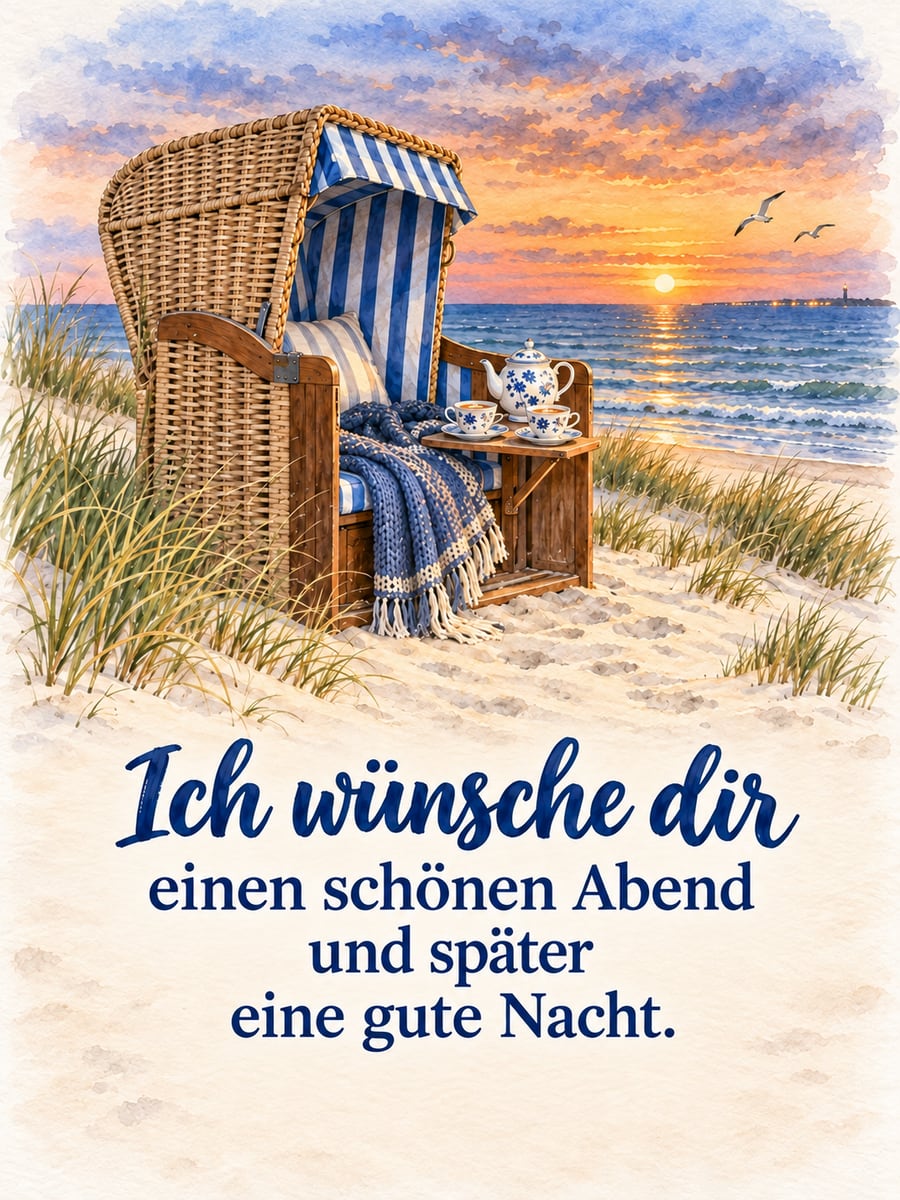 Bild für den Abend mit dem Text „Ich wünsche dir einen schönen Abend und später eine gute Nacht.“ – Motiv: Strandkorb, Ostfriesentee, Nordsee, Düne